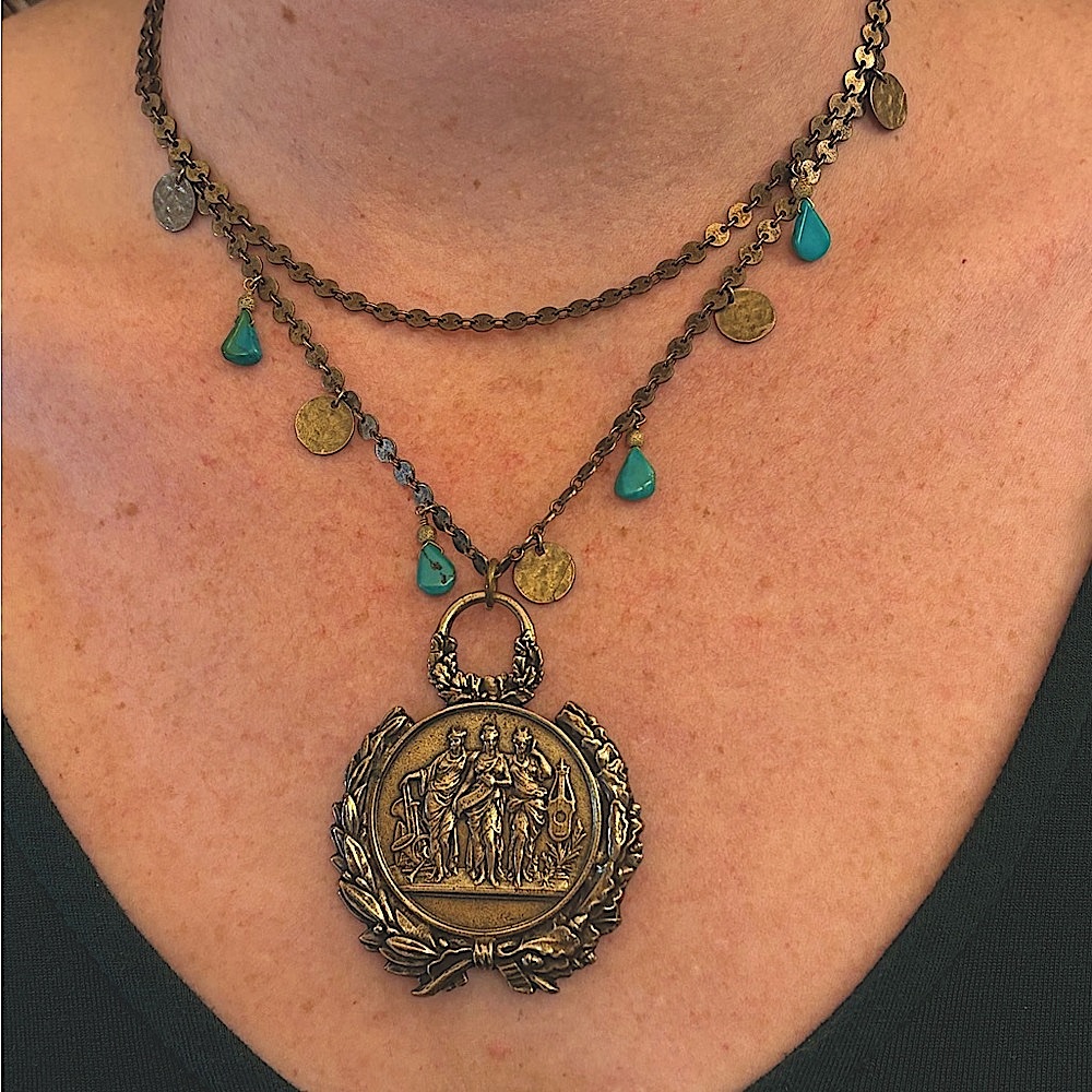 Three Graces 2 sided French Medallion Pendant on Sparkling Sage Double Chain